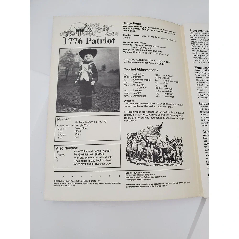 Vintage Fibre-Craft 1776 Patriot Crochet Pattern 16in Male Fashion Doll FCM203
